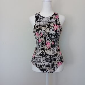 patchwork newspaper futuristic sleeveless bodysuit